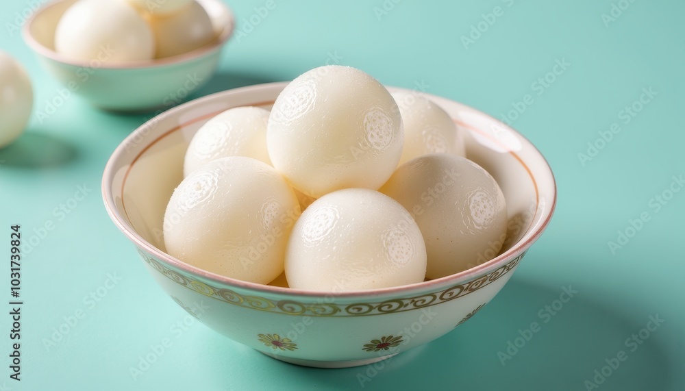 Freshly made rasgulla served in a decorative bowl on a light aqua background for a delightful look. Freshly made rasgulla served in a decorative bowl on a light aqua background for a delightful look.