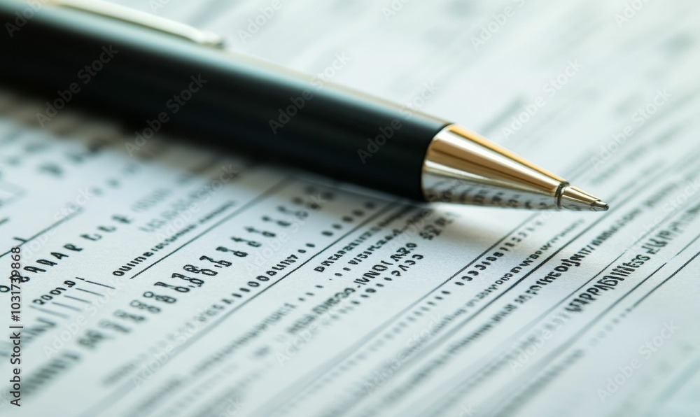 A pen rests on a paper form. A pen rests on a paper form.