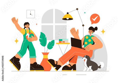 Working Mother Vector Illustration featuring a Mother who Juggles Work and Childcare at Home, Multitasking in a Flat Style Cartoon Background