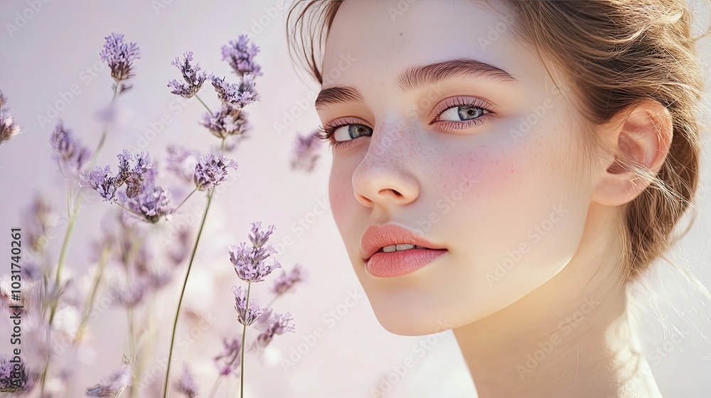 Fototapeta premium Close-up portrait of a young woman with freckles, soft focus lavender flowers in the background.