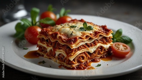 A single serving of lasagna on a white plate with tomato garnish.