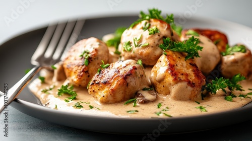 Tender chicken pieces are artfully presented in a rich cream sauce, garnished with fresh herbs, creating an enticing and savory presentation perfect for gourmet dining.