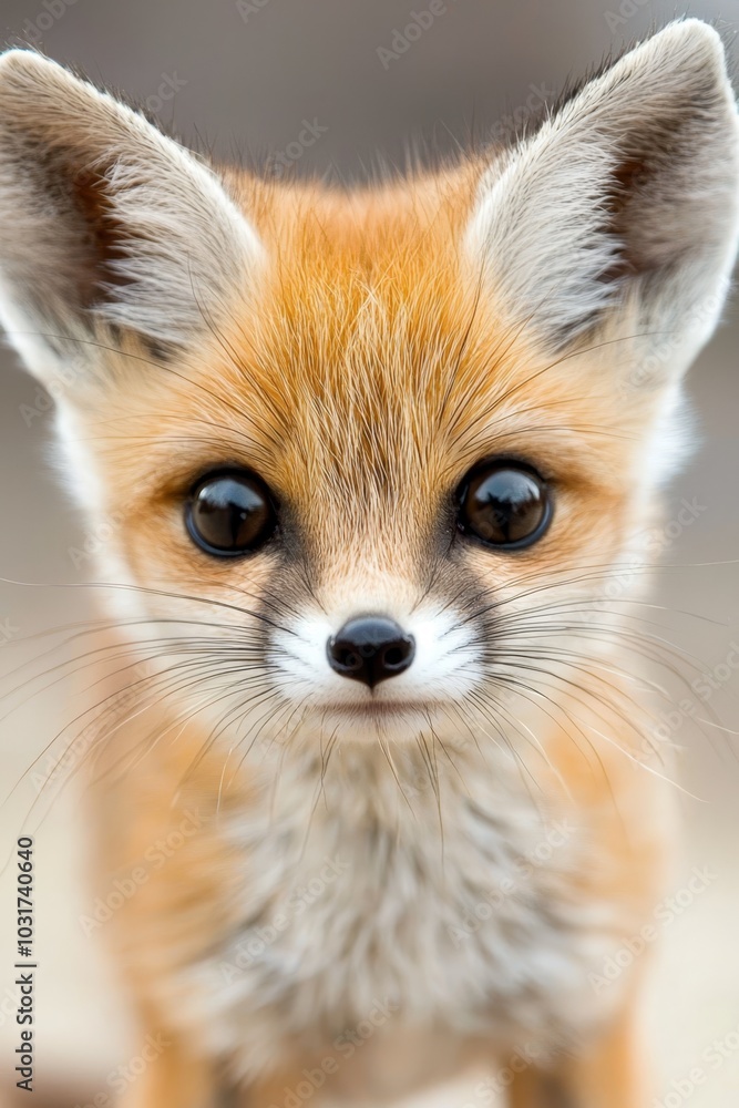 A tight shot of a small fox's face, eyes sharply focused while the background softly blurs A tight shot of a small fox's face, eyes sharply focused while the background softly blurs