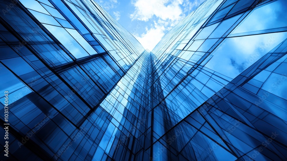 A low angle view of a glass skyscraper reaching up to a bright blue sky with clouds. A low angle view of a glass skyscraper reaching up to a bright blue sky with clouds.