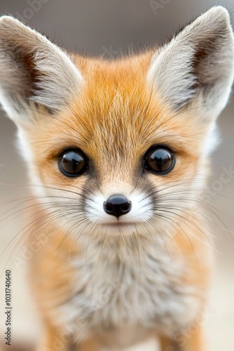  A tight shot of a small fox's face, eyes sharply focused while the background softly blurs