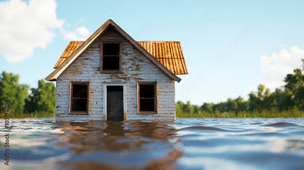 An old house submerged in floodwater, with only the roof barely visible above the water's surface. An old house submerged in floodwater, with only the roof barely visible above the water's surface.