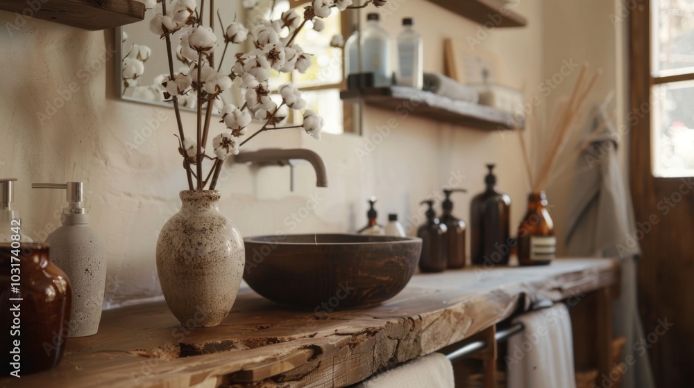 Rustic Bathroom Interior with Ceramic Accessories and Wooden Elements Rustic Bathroom Interior with Ceramic Accessories and Wooden Elements
