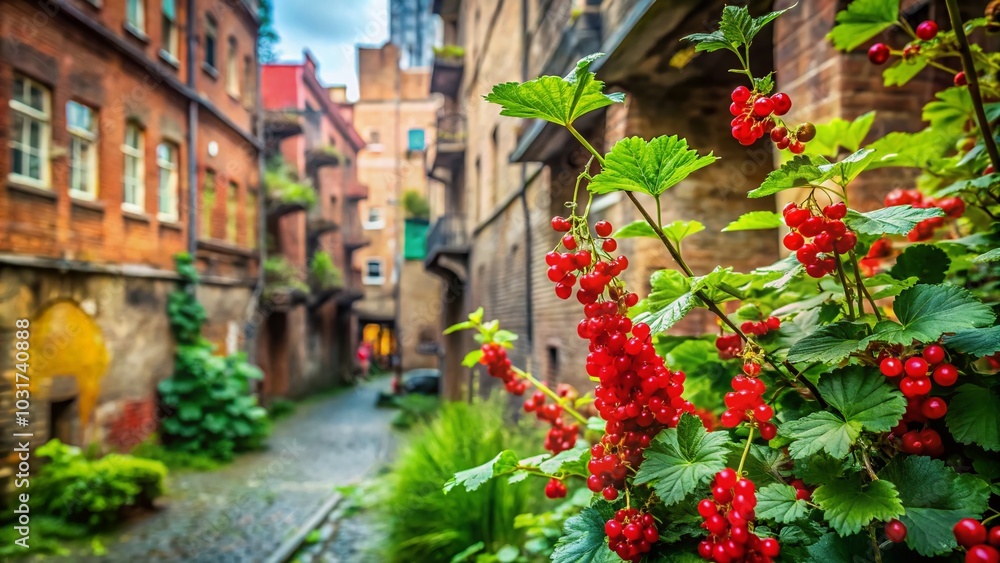 Naklejka premium Urban Exploration of Ribes Rubrum Flowers in a Hidden City Garden