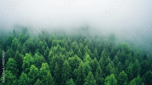 A misty forest landscape with dense green trees and fog covering the treetops.