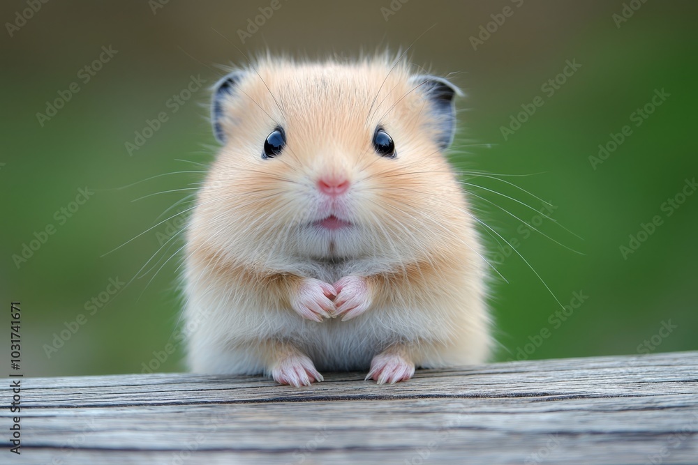  A hamster, brown and white, sits atop a wooden table, gazing at the camera with a quizzical expression
