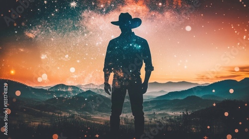 A lone cowboy stands silhouetted against a starry night sky, his figure blending with the cosmos above him. The vastness of the universe is reflected in his contemplative stance,