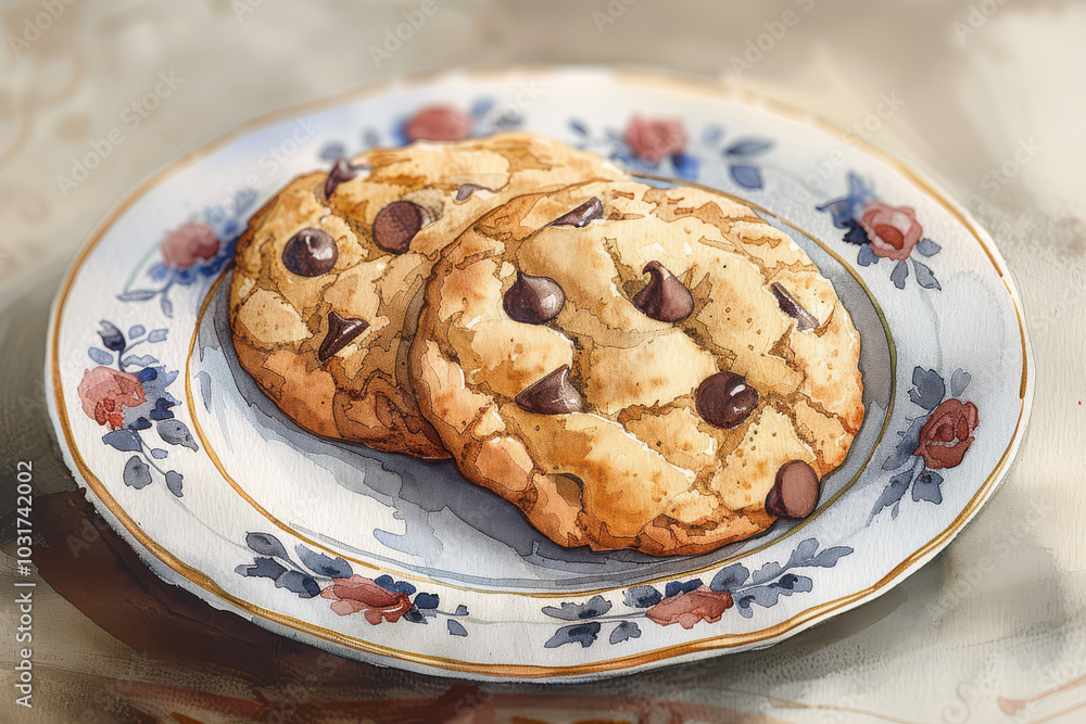 Sweet Surrender: Two Chocolate Chip Cookies on a Vintage Plate Sweet Surrender: Two Chocolate Chip Cookies on a Vintage Plate