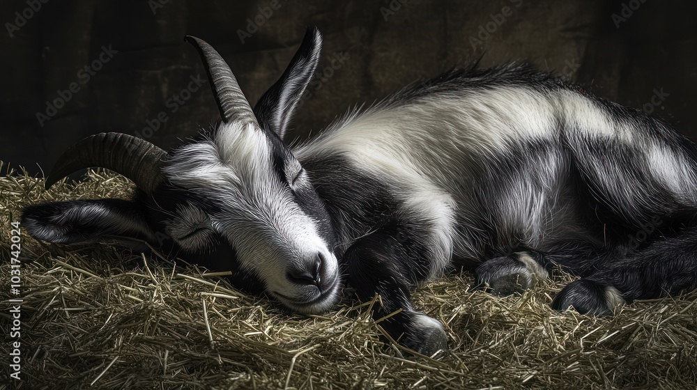 A peaceful goat sleeping on straw, showcasing its serene and natural habitat. A peaceful goat sleeping on straw, showcasing its serene and natural habitat.