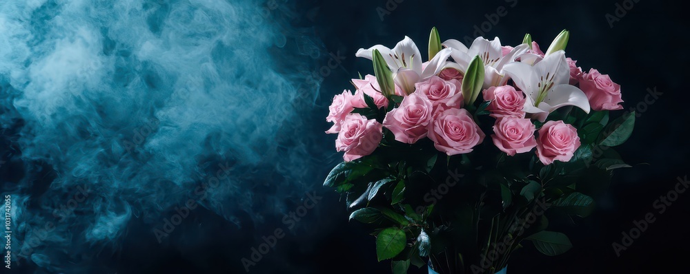 Romantic bouquet of roses and lilies with a blank space for your personalized message or text. Romantic bouquet of roses and lilies with a blank space for your personalized message or text.
