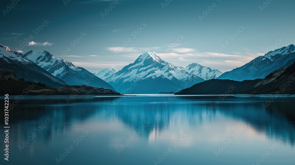 Naklejka premium Serene mountain lake with reflections and boats, surrounded by forested peaks during sunset.