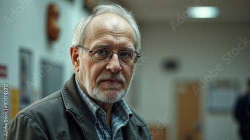 Elderly Man Sitting Alone In Dimly Lit Public Space