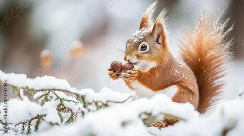 squirrel eating nuts in winter