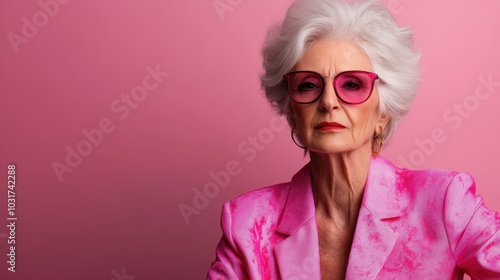 A sophisticated woman with striking white hair wears a pink suit, capturing a sense of timeless elegance and confidence against a soft pink background setting.