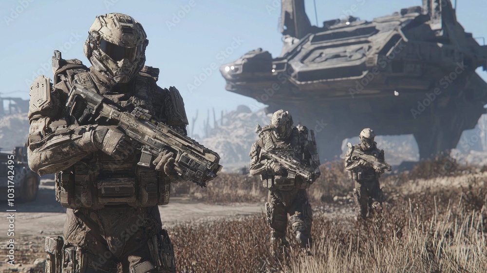 Futuristic Dystopian Warfare Scene with Patrolling Soldiers in Desolate Landscape - 3D Render Illustration Futuristic Dystopian Warfare Scene with Patrolling Soldiers in Desolate Landscape - 3D Render Illustration