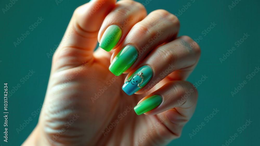 Creative Green Nail Art Design with Unique Symbols Creative Green Nail Art Design with Unique Symbols