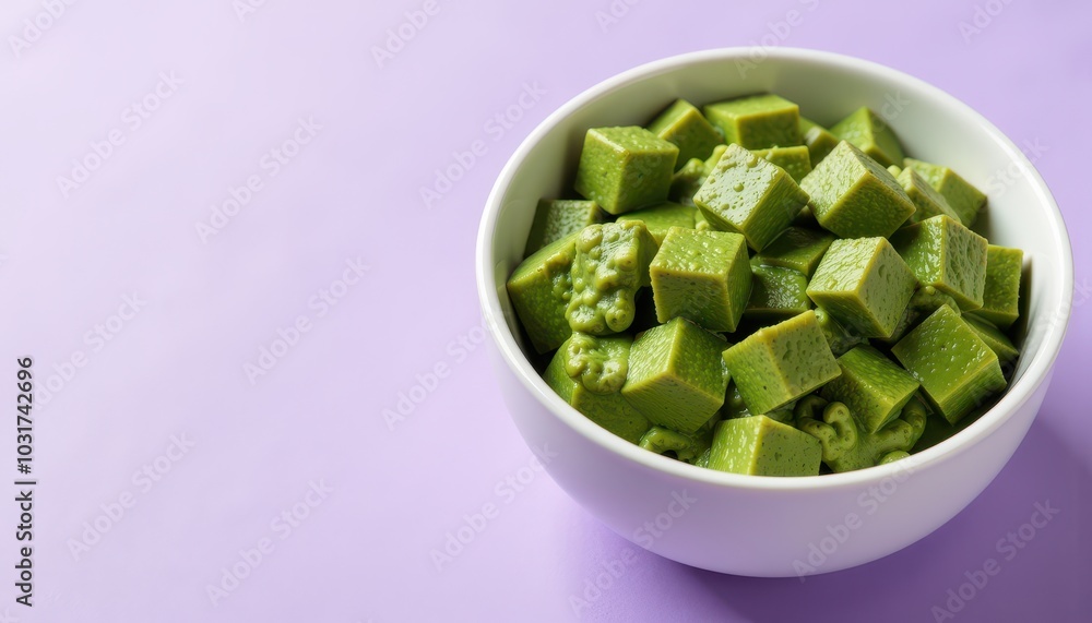 Isolated palak paneer served in a bowl showcasing vibrant green color on a soft lavender background. Isolated palak paneer served in a bowl showcasing vibrant green color on a soft lavender background.