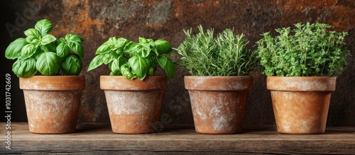 Four potted herbs on a rustic wooden surface.