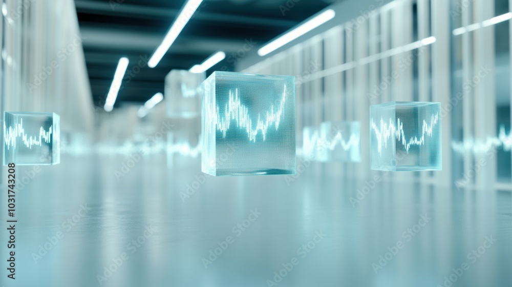 Futuristic cubes with digital waveforms float in a modern, illuminated corridor, AI Futuristic cubes with digital waveforms float in a modern, illuminated corridor, AI