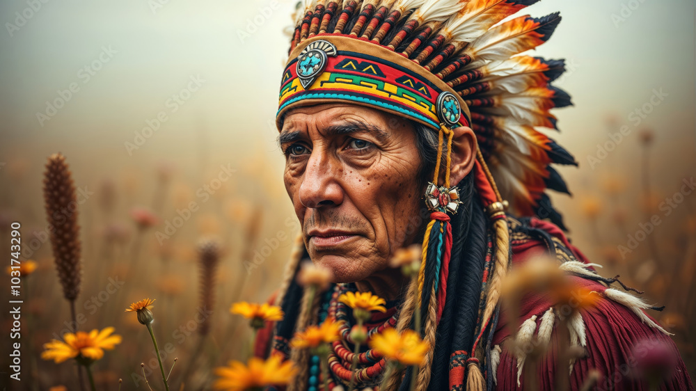 Elder in Traditional Headdress Among Vibrant Yellow Flowers Elder in Traditional Headdress Among Vibrant Yellow Flowers