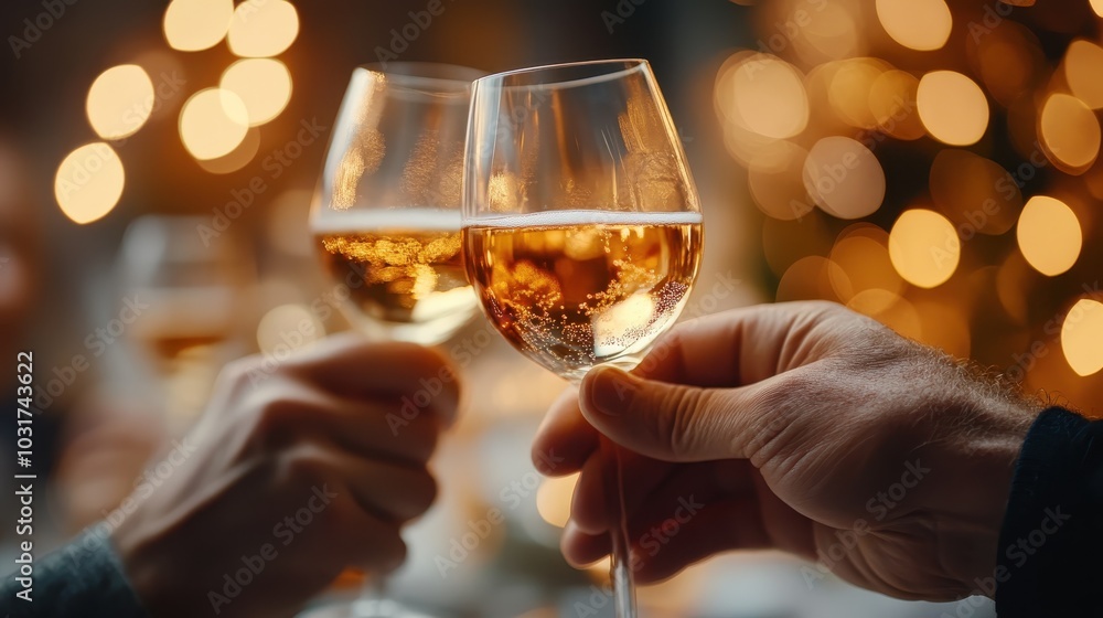 Two elegant champagne glasses clink together in a celebratory toast, framed by warm, festive lighting that evokes feelings of sophistication and joy. Two elegant champagne glasses clink together in a celebratory toast, framed by warm, festive lighting that evokes feelings of sophistication and joy.