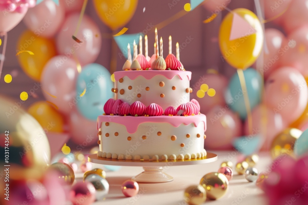 Colorful Birthday Celebration with Cake and Balloons