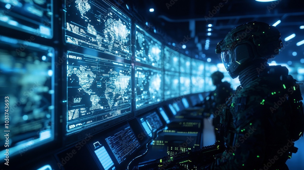 Futuristic Military Operations Room Strategy Meeting - 3D Render Illustration with High-Tech Battle Data Monitoring Futuristic Military Operations Room Strategy Meeting - 3D Render Illustration with High-Tech Battle Data Monitoring