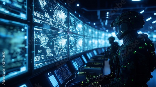 Futuristic Military Operations Room Strategy Meeting - 3D Render Illustration with High-Tech Battle Data Monitoring