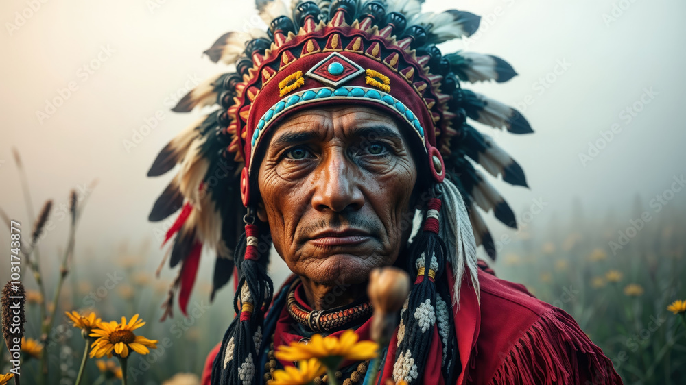 Elder in Traditional Headdress Among Vibrant Yellow Flowers Elder in Traditional Headdress Among Vibrant Yellow Flowers