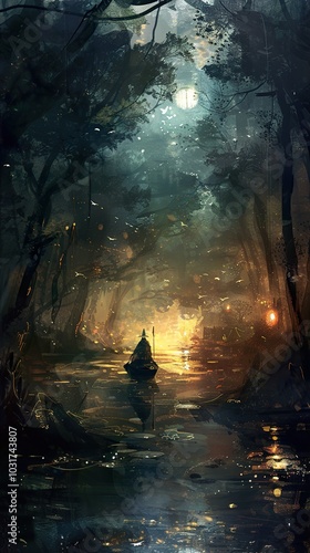 Mystical Forest River with a Rowboat