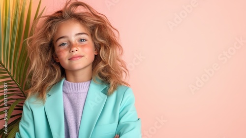 A confident young girl in a trendy outfit stands against a vibrant background, showing her stylish clothes with a refreshing attitude and big smile.