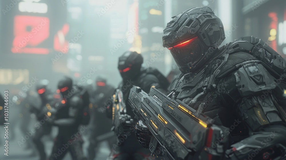 Futuristic Warfare 3D Render: Soldiers in Powered Armor Advancing on Enemy Base with Strategic Formation Futuristic Warfare 3D Render: Soldiers in Powered Armor Advancing on Enemy Base with Strategic Formation