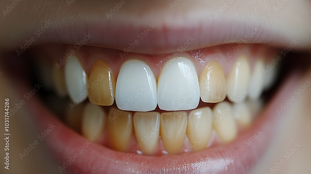 Fototapeta premium Visual time-lapse of the teeth whitening process, featuring a slow transformation from yellowed, stained teeth to a brilliantly white smile after each session