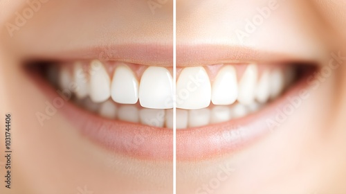 Side-by-side comparison of teeth before and after professional whitening, showing the dramatic difference in brightness from stained to brilliantly white