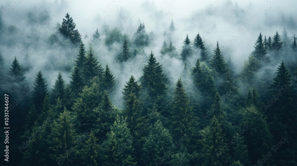 A misty forest landscape with dense evergreen trees and fog enveloping the scene. A misty forest landscape with dense evergreen trees and fog enveloping the scene.