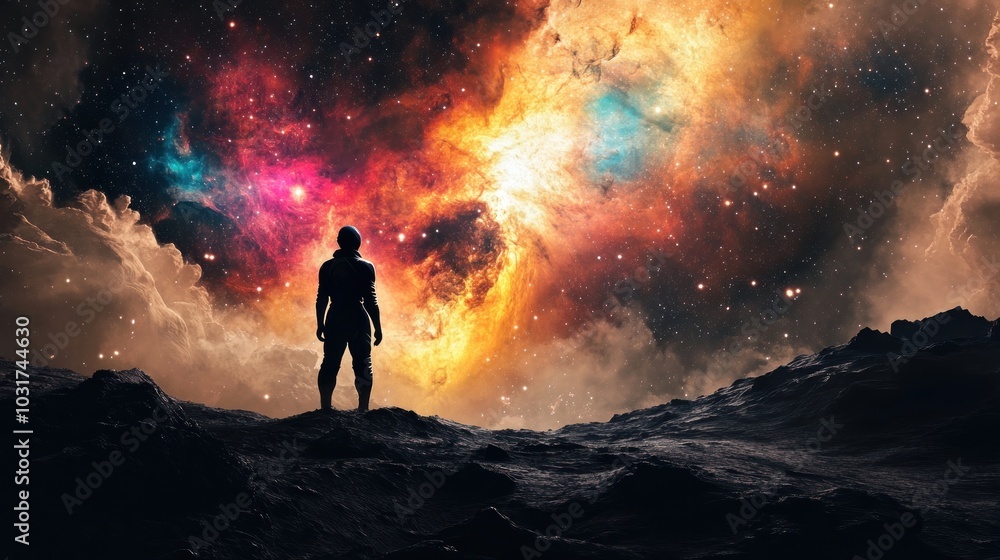 Obraz premium A silhouetted figure stands against a vibrant cosmic backdrop, evoking exploration and wonder.