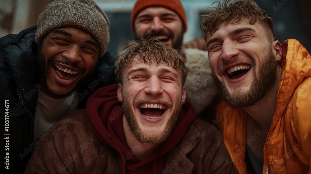A group of four young men, bundled in winter clothing, share laughter outdoors, capturing a moment of friendship, warmth, and joy during the cold season. A group of four young men, bundled in winter clothing, share laughter outdoors, capturing a moment of friendship, warmth, and joy during the cold season.
