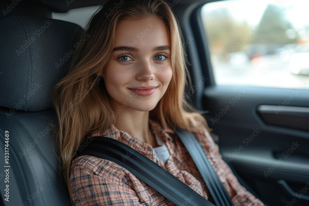 Pretty woman sitting on drivers seat and fastening seat belt before start driving and smiling at camera. Car safety concept, Generative AI Pretty woman sitting on drivers seat and fastening seat belt before start driving and smiling at camera. Car safety concept, Generative AI
