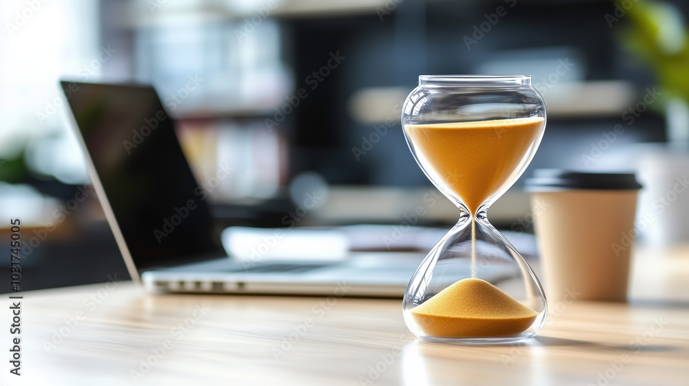 This hourglass, filled with golden sand, sits prominently on a desk next to a laptop and a coffee cup, representing the fleeting nature of time in a work setting This hourglass, filled with golden sand, sits prominently on a desk next to a laptop and a coffee cup, representing the fleeting nature of time in a work setting