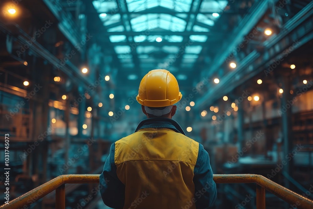 Worker in a yellow hardhat operates a crane in a large industrial warehouse environment Worker in a yellow hardhat operates a crane in a large industrial warehouse environment