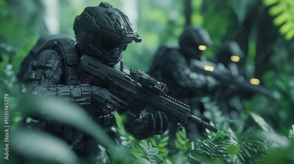 Advanced Warfare Squad Conducting Covert Reconnaissance Mission in Futuristic Jungle Setting, 3D Render Illustration with Ultra-Detailed Stealth Technology Advanced Warfare Squad Conducting Covert Reconnaissance Mission in Futuristic Jungle Setting, 3D Render Illustration with Ultra-Detailed Stealth Technology
