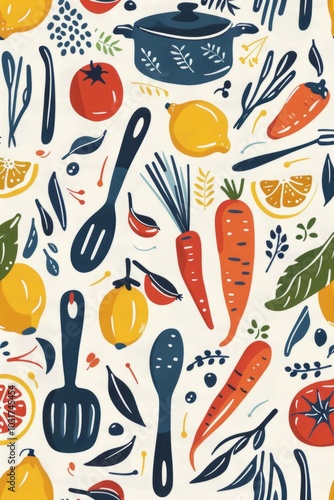 Colorful Kitchen Utensils and Fresh Vegetables Pattern Design photo