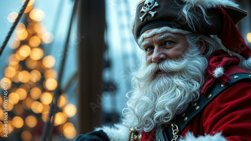 Festive Santa Claus in Pirate Hat Bringing Holiday Cheer