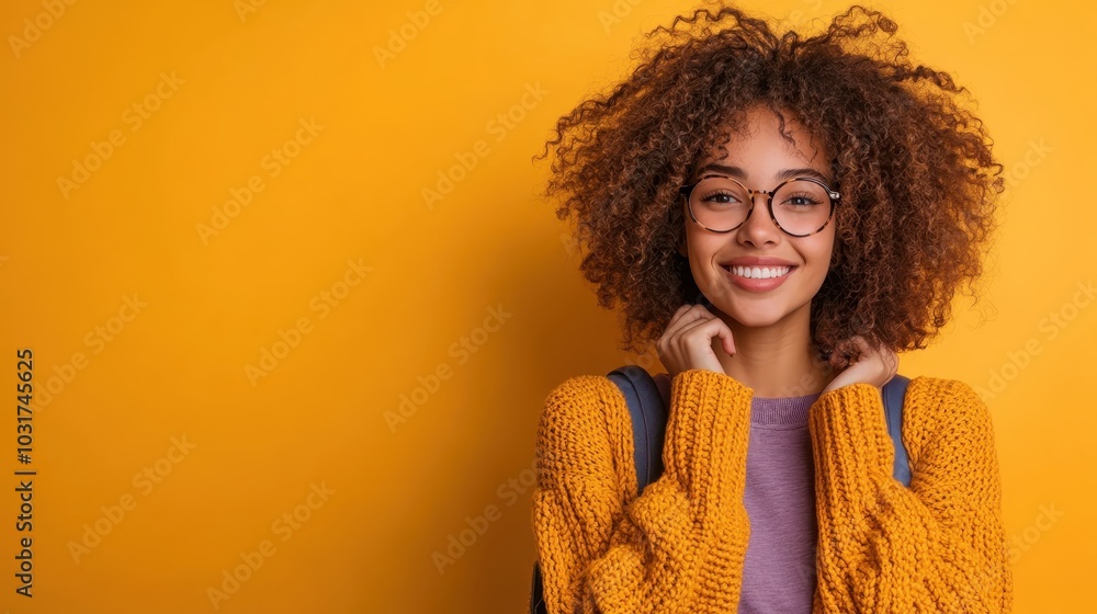 A joyful woman with curly hair, wearing a cozy orange knitted sweater and glasses, smiles warmly, conveying a sense of comfort and happiness in a modern setting. A joyful woman with curly hair, wearing a cozy orange knitted sweater and glasses, smiles warmly, conveying a sense of comfort and happiness in a modern setting.