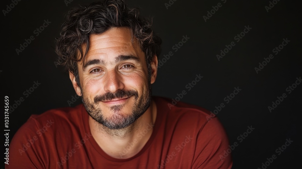 A handsome man with curly hair and a beard smiles warmly against a dark background while wearing a red shirt, exuding friendliness and charm. A handsome man with curly hair and a beard smiles warmly against a dark background while wearing a red shirt, exuding friendliness and charm.