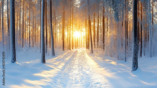 A serene winter landscape with sunlight filtering through snowy trees.